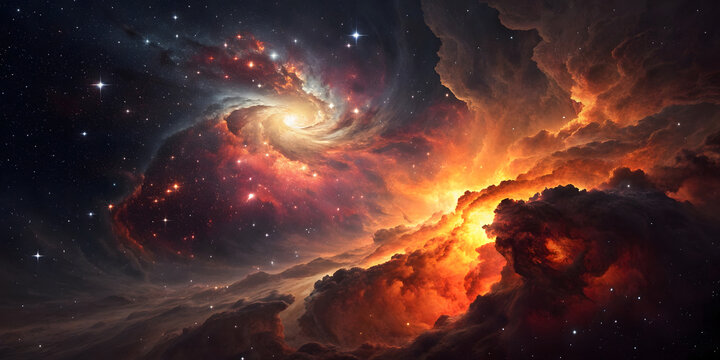 Dynamic nebula with orange and red gas clouds, bright spiral formation, cosmic dust lanes, brilliant stellar region against dark space.