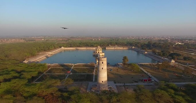 Aerial view of Hiran Minar and pond, Pakistan.