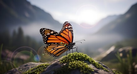 Obraz premium Vibrant Butterfly on Mossy Rock with Mountain Vista at Sunrise