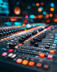 Professional studio sound mixer console with buttons for audio recording and broadcast control