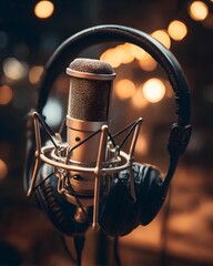 Retro metal microphone on stage with lights and cable