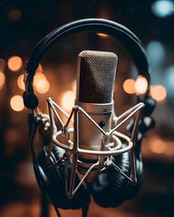 A dynamic microphone stands ready on stage, capturing the essence of a live music performance or studio recording