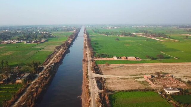 Aerial view of BRB Canal and green fields, Pakistan.