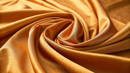 Warm golden orange satin fabric draped and folded silk