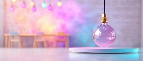 A modern light bulb hangs over a minimalist table, surrounded by colorful ambient lighting that creates a vibrant atmosphere.