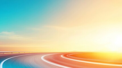 A colorful sunset view over a winding road, creating a serene atmosphere with bright hues of orange and blue in the sky.