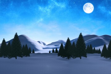 Obraz premium Flat design showing evergreen trees glowing under full moon as stars are twinkling over snow hills