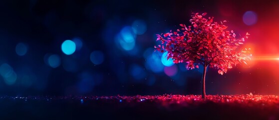 A vibrant tree stands alone against a colorful, blurred background, showcasing striking red leaves amidst blue and purple bokeh lights.
