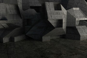 Concrete modular blocks are forming prisms on floor tiles in 3D render space casting deep shadows
