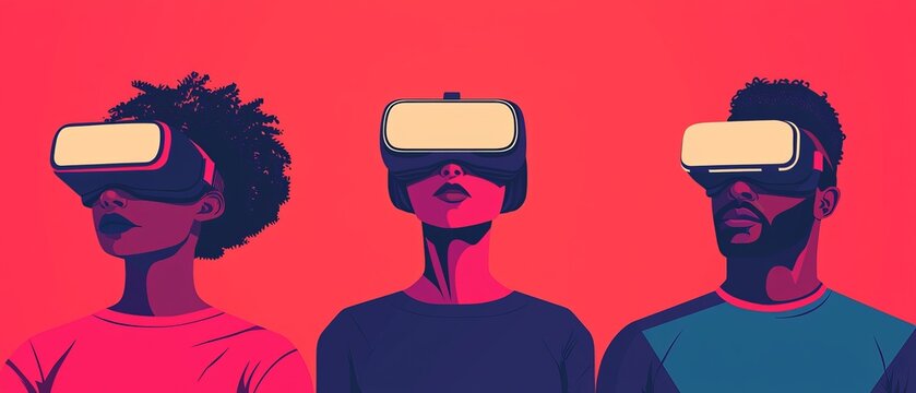 A vibrant illustration of three individuals wearing virtual reality headsets against a bold red background, showcasing the immersive experience of technology.