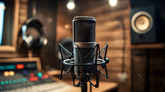 Isolated retro studio microphone on a vintage stage for music recording