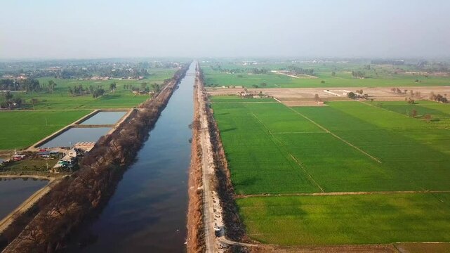 Aerial view of BRB Canal and farmland, Pakistan.