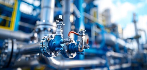 A close-up of industrial piping and valves, showcasing metal textures and a blue and silver color scheme in a modern facility environment.