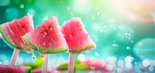 Juicy watermelon slices on sticks glisten with droplets, set against a vibrant, colorful background, evoking a refreshing summer vibe.