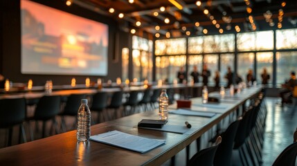 A spacious conference room with a long table set for a meeting, featuring water bottles and a large screen displaying a presentation at sunset.