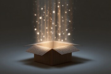 Open cardboard box releasing magical golden light particles and starbursts into a dark background