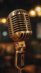 Vintage chrome microphone on a concert stage, ready for a classic live music performance