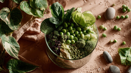 Vibrant Green Medley in Glass Bowl, Earthy Tones and Natural Setting, Complemented by River Stones