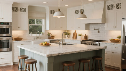 Bright Kitchen Interior Design with Island Seating Marble Countertops and White Cabinets