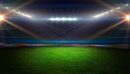 Obraz premium Empty grass pitch is being shown in flat style stadium with floodlight flares and banner ads