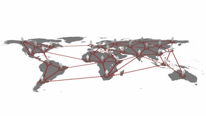 Flat design network is connecting white 3D silhouettes on gray world map with red dashed lines
