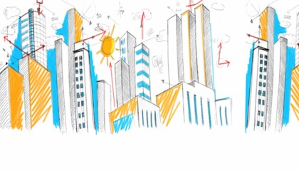 Digitally composite image of city skyline