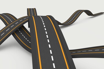 Naklejka premium Showing twisting asphalt roads with yellow edges, white dashed centers on white backdrop, 3D render