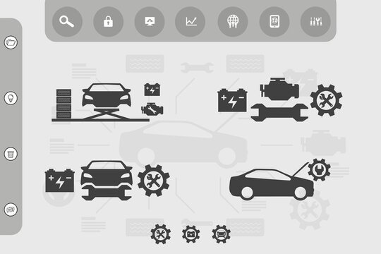 Flat digital illustration showing automotive diagnostics interface with car, engine, battery icons