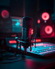 A retro microphone on stage, perfect for capturing vintage sound at a rock concert or studio recording