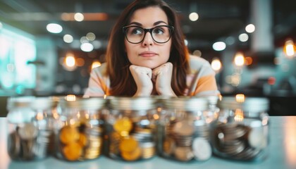 A thoughtful woman gazes at jars filled with coins, contemplating financial goals and savings, surrounded by a warm, modern setting.
