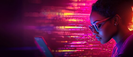 A woman wearing stylish glasses looks intently at a laptop, illuminated by vibrant, colorful lights in a futuristic setting.
