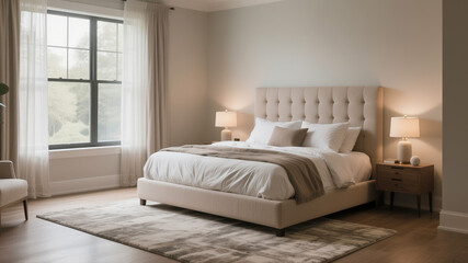 Elegant Bedroom Interior with Tufted Headboard Bed, Window Light and Soft Furnishings