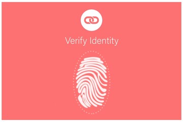 Showing flat design coral red UI featuring white link icon, verify identity text, fingerprint icon