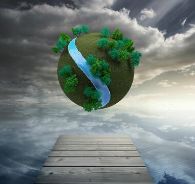 Fototapeta Futuristic earth floating in air