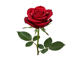 A single vibrant red rose with green leaves and stem isolated on transparent background