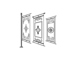 Ornate Fabric Panels with Decorative Designs, Elegant, black and white illustration of three fabric panels, each with intricate, decorative designs