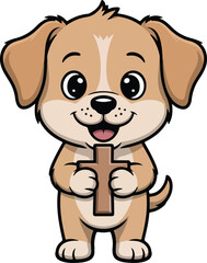 A cute puppy happily holding a wooden cross  transparent vector png 