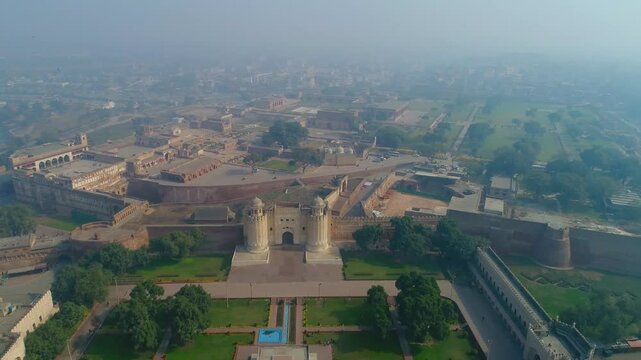 Aerial view of Lahore Fort and Badshahi Masjid, Pakistan.