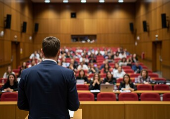 Obraz premium A professional speaker addresses a large audience in a spacious lecture hall, symbolizing public speaking and educational engagement.