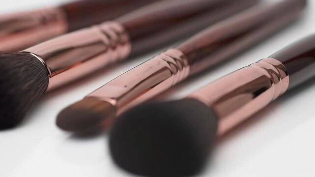 Blurred row of makeup brushes with brown handles on white surface