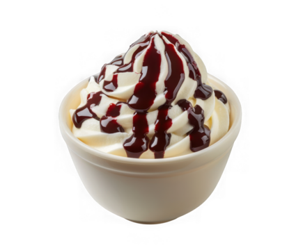 Creamy vanilla soft serve ice cream with chocolate syrup isolated on transparent background