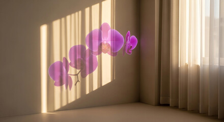 A vibrant purple orchid branch is illuminated by sunlight on a neutral wall.