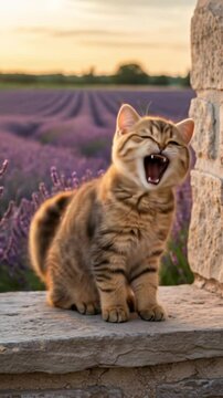 A Tabby British Shorthair at the Lavender Window.
A chubby Tabby British Shorthair kitten sits on a stone windowsill, framed by blooming lavender and golden sunset.