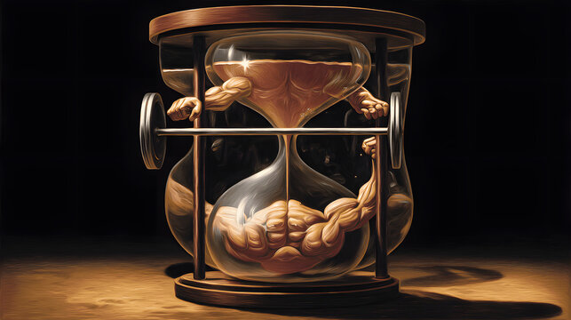 Melting hourglass with sand forming muscular arms, depicting time's paradoxical strength.
