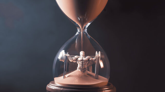 Melting hourglass with sand forming muscular arms, depicting time's paradoxical strength.
