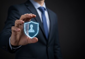 Man holding a glowing hologram of a person icon surrounded by digital padlocks, representing data privacy, cybersecurity, user protection, and digital identity safety.