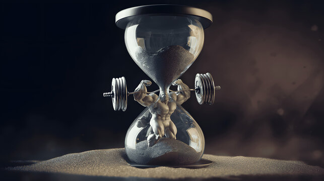Melting hourglass with sand forming muscular arms, depicting time's paradoxical strength.
