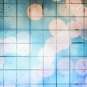 Fototapeta Weathered wooden panel grid is featuring pastel bokeh overlays in flat vector style, copy space