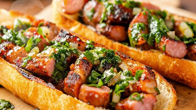 Argentinian Choripan Sandwiches: Two argentinian Choripan Sandwiches: Grilled sausage on a crusty bun, adorned with chimichurri sauce, offers a burst of flavors that is mouthwatering experience.