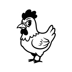 Black-and-white cartoon chicken with a large comb and intense expression, featuring detailed feathers and bold outlines.